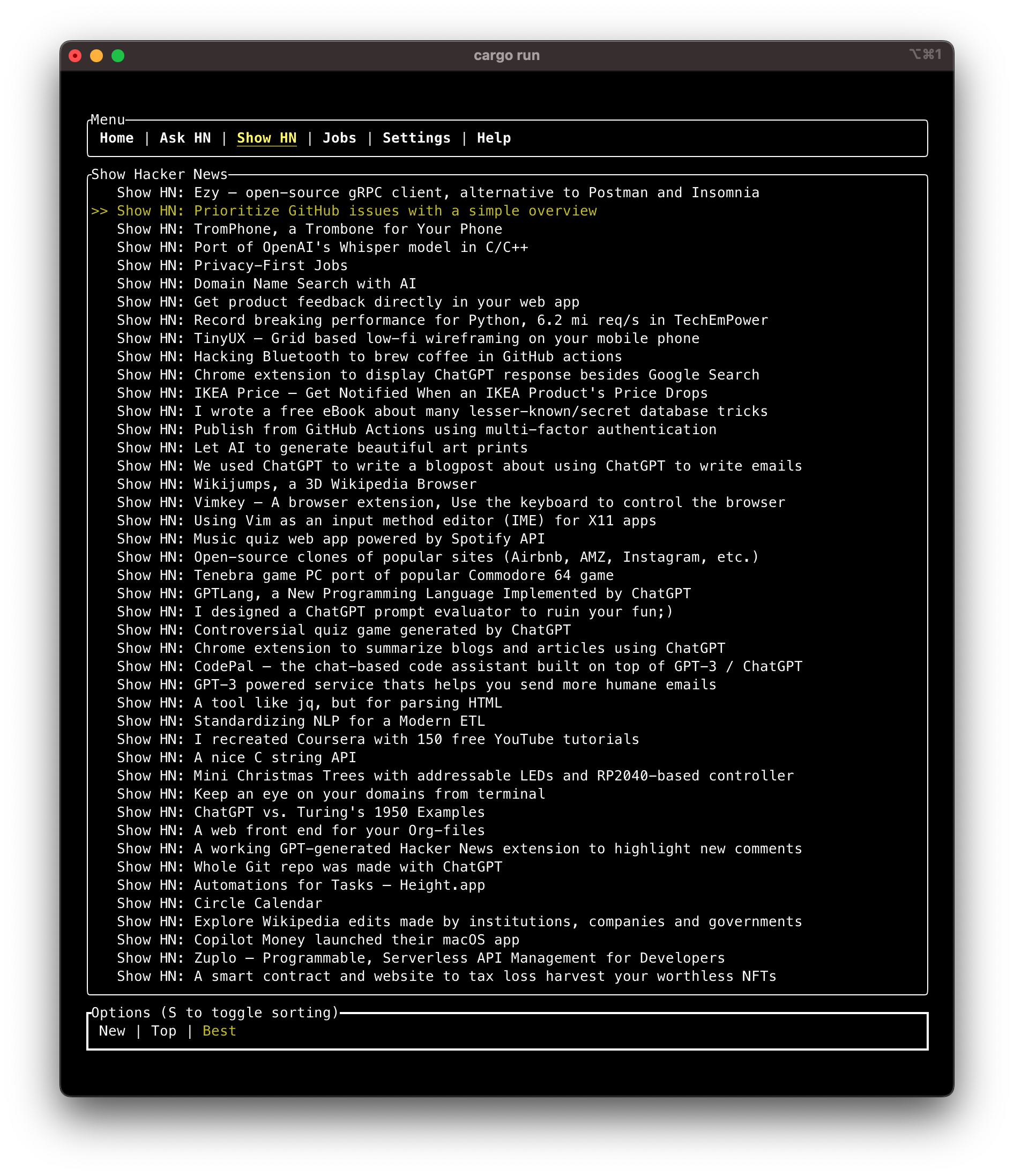hncli Show HN screen with best sorting